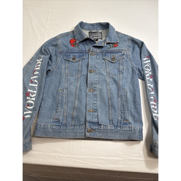 Brooklyn Cloth WORLD WIDE CULTURE TRUCKER Denim EMBOSED Jacket  BKC MENS  SMALL - Picture 1 of 9